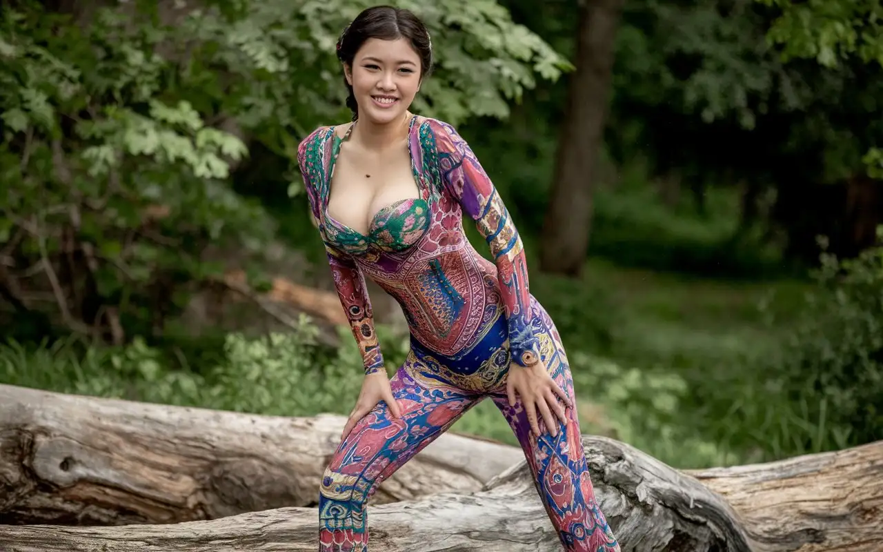 Graceful-Chinese-Beauty-Smiling-on-a-Log