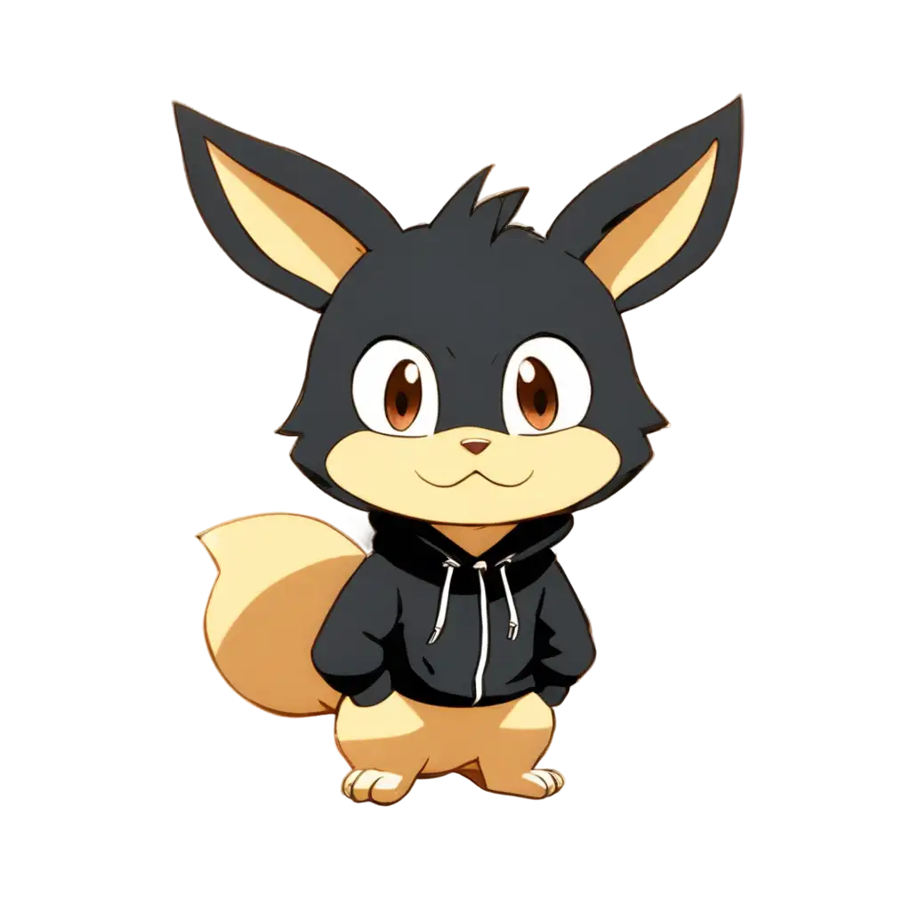 a cute pokemon named shinx, cartoonic modern anime style. Shinx wearing black hoody, his head is covered, lightning sparks can be seen through his cute cold eyes, and an challengive face. Sitting, camera angle is of slightly upward, modern not basic..