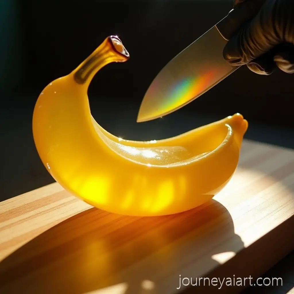 Macro-Shot-of-Yellow-Glass-Banana-on-Wooden-Cutting-Board-with-Dramatic-LightingAI-Image-Prompt-Expansion-and-Reflection