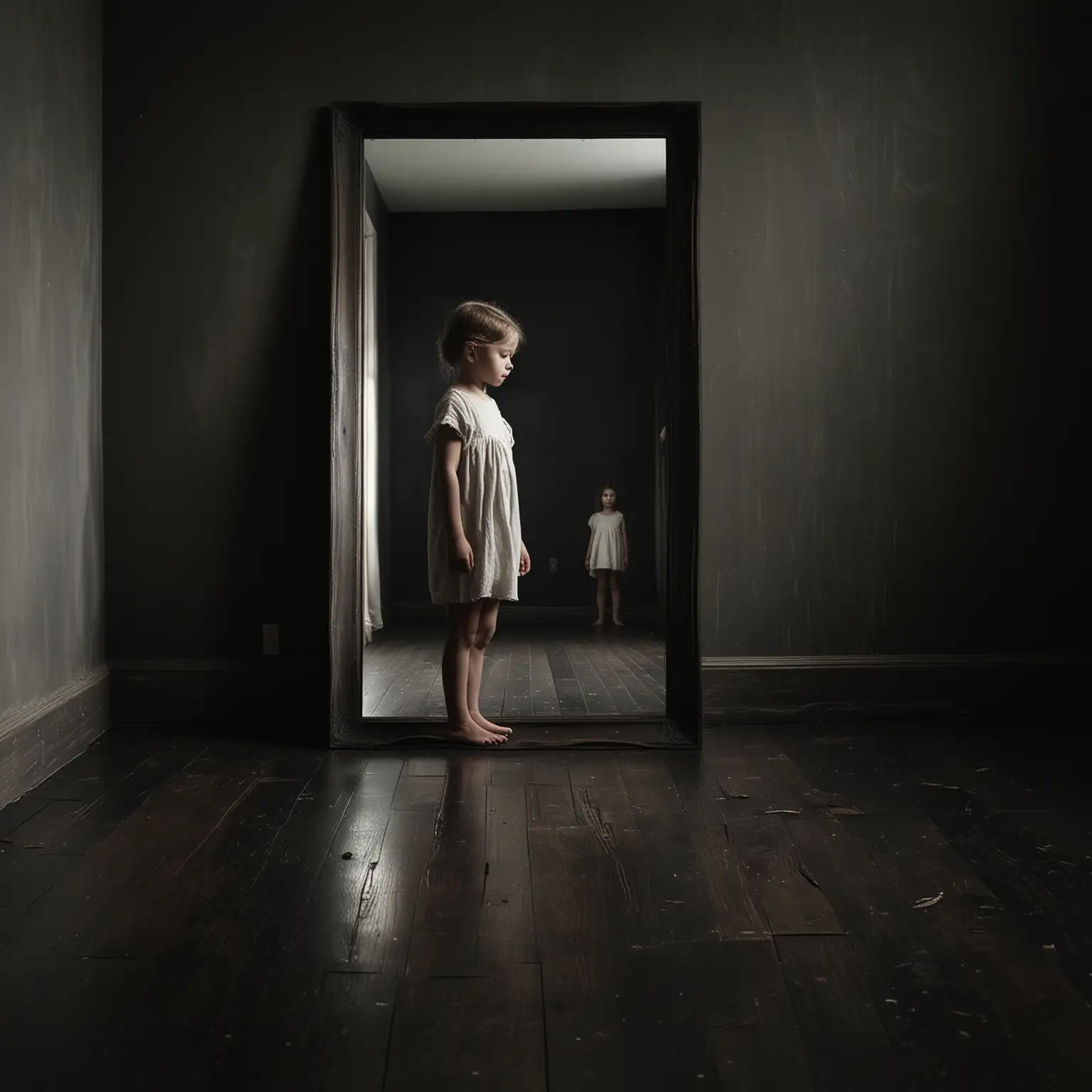 Child-Staring-Into-Mirror-in-Dimly-Lit-Room-Haunting-Reflection