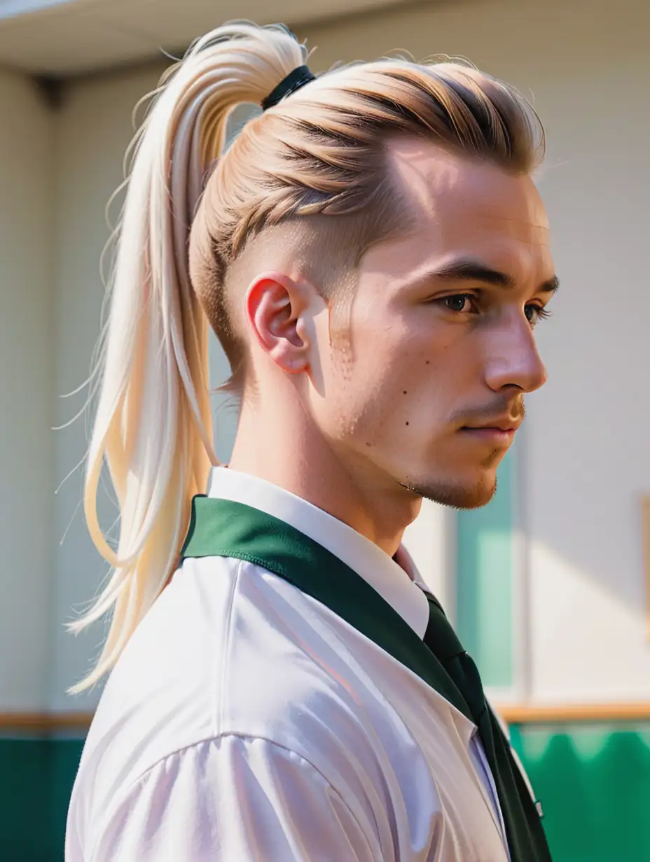 A man, his ponytail color is white, with a high school uniform