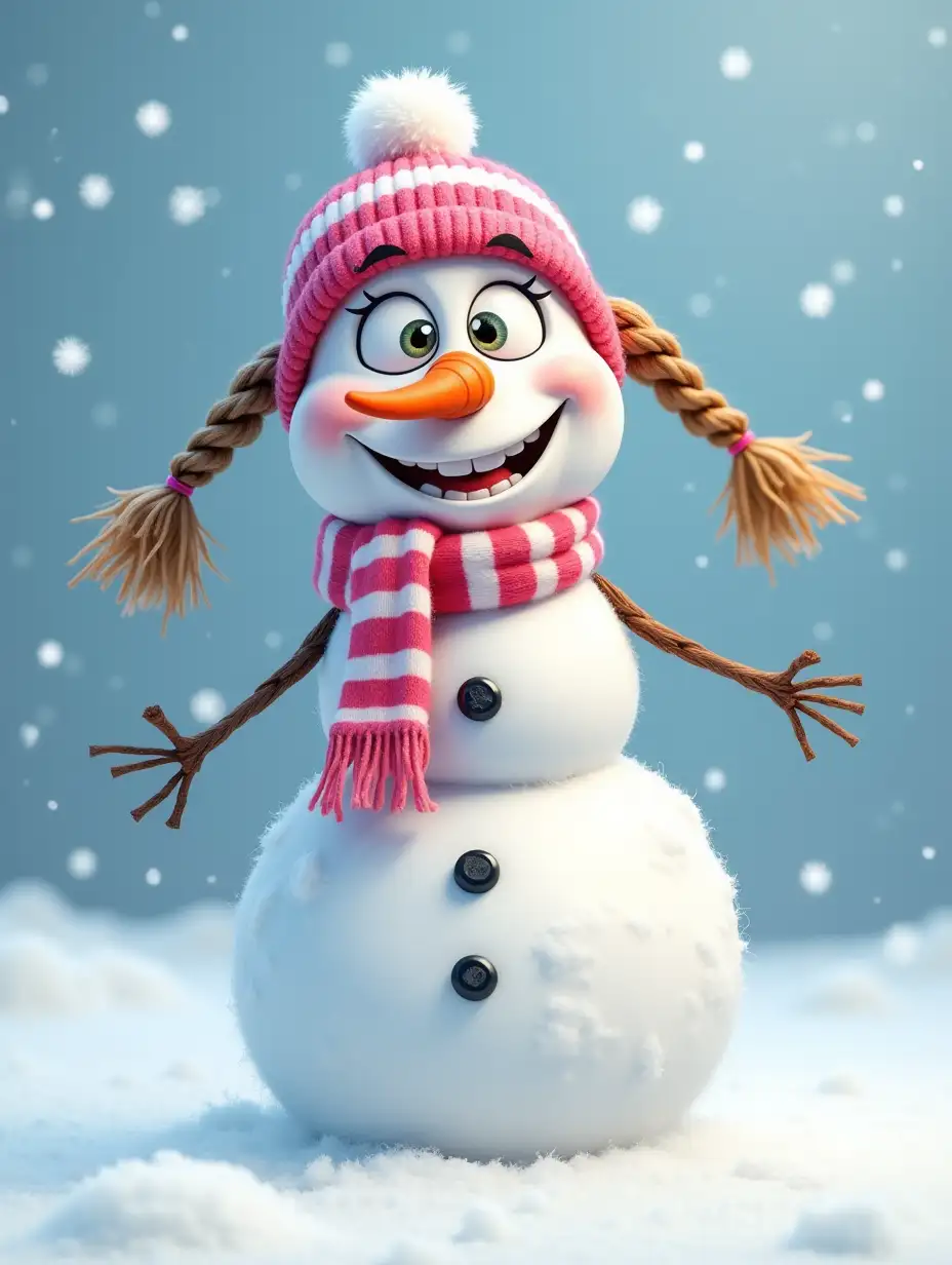 A whimsical and playful full-body snowman character with a slightly goofy expression. The snowman has large, round eyes with one eye slightly bigger than the other, giving it a comical look. It has a long carrot nose and a wide, toothy grin with one tooth missing. The snowman is wearing a pink and white striped scarf around its neck and a knitted hat with a fluffy pom-pom on top. The snowman has two long, braided pigtails made of straw or twigs sticking out haphazardly from under the hat. The snowman stands in a snowy environment with snowflakes gently falling, creating a winter wonderland atmosphere. The colors are bright and lively, highlighting the fun and whimsical nature of the character