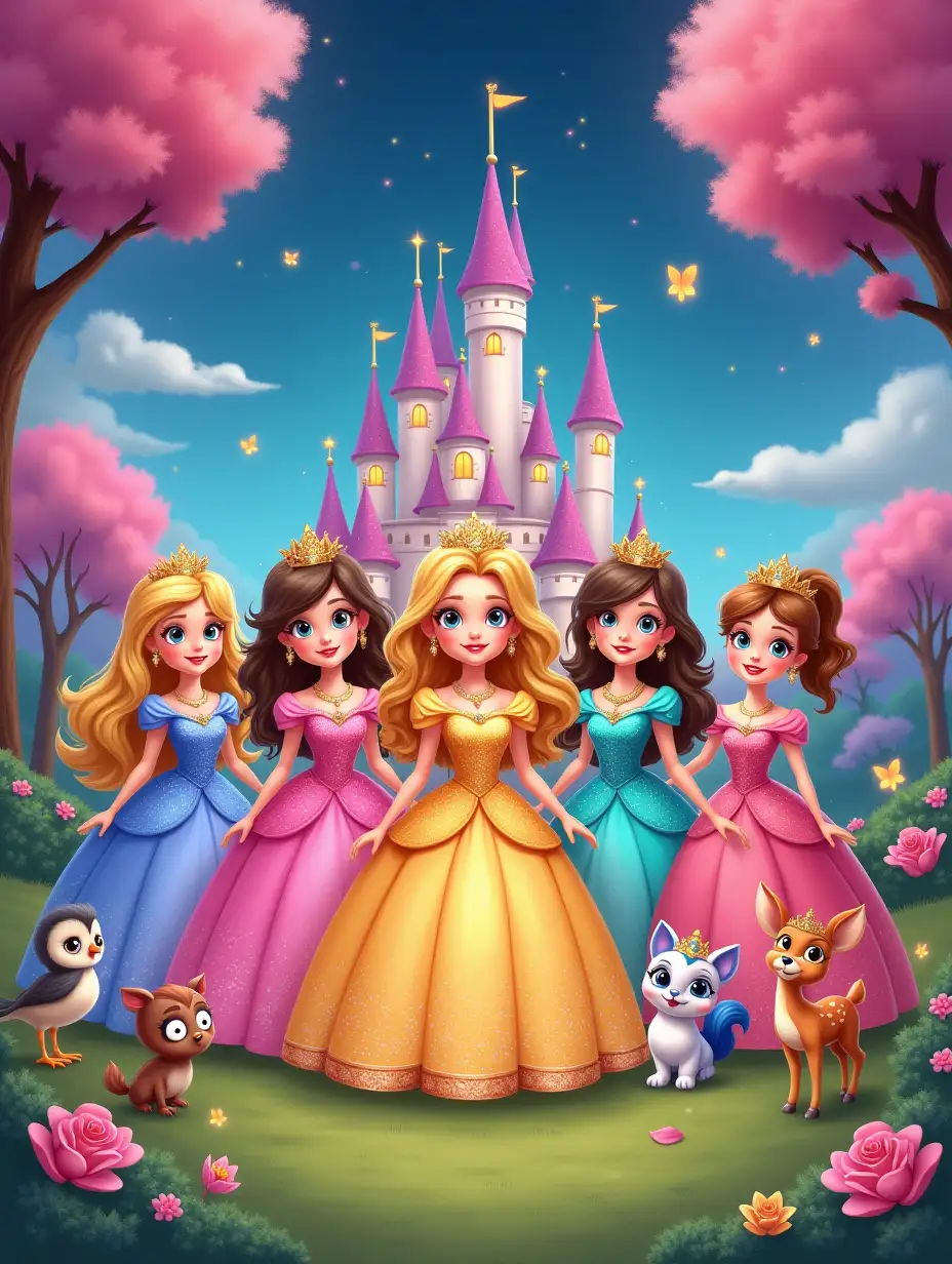 a vibrant, fantasy-inspired scene filled with colorful details. It features 5 adorable princesses in sparkling gowns adorned with gems, each wearing a crown. The princesses stand in front of a fairytale castle, with a background of a nighttime sky filled with stars and blossoming pink trees, creating a magical and lively atmosphere.nnSurrounding the princesses are cute animals, including an owl, a small bird, a pony, a puppy, and a little fawn, some of which wear crowns to enhance their charm. The grassy foreground is filled with flowers and butterflies, adding warmth and liveliness to the scene. This illustration is perfect for children who love princess stories and fairytales.