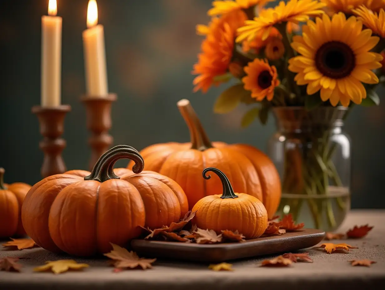 Autumn still life with pumpkins, flowers and candles on table.Thanksgiving day or halloween concept.