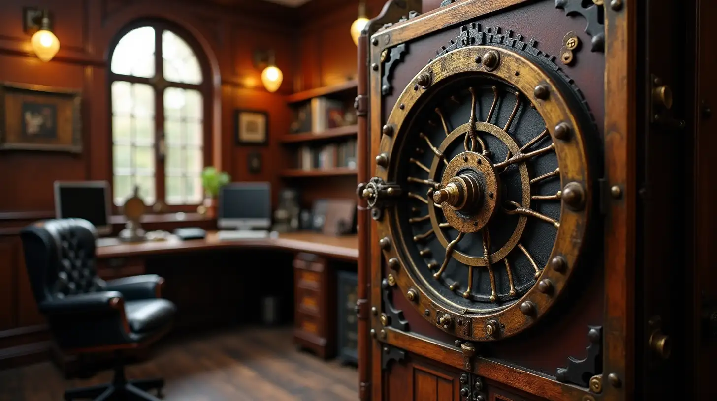 a steampunk safe in a steampunk office