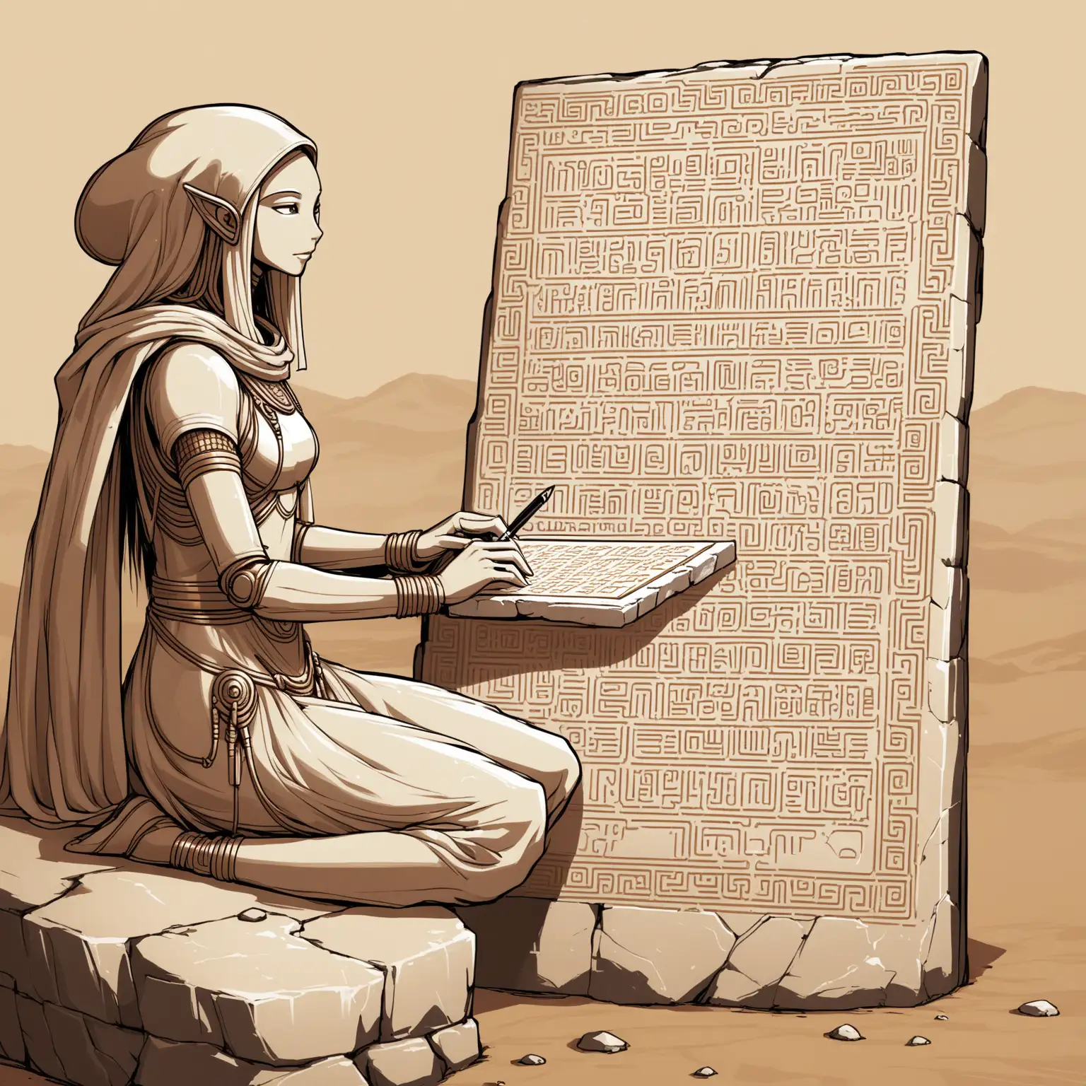 extraterrestrial humanoid being writing information on a stone tablet