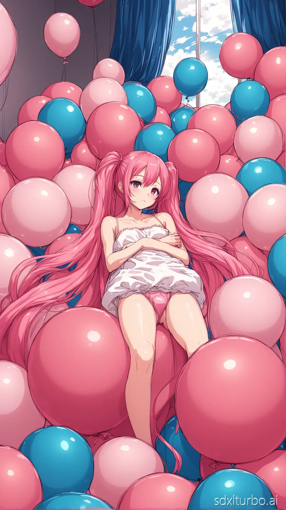 Anime style. Scantily clad tall girl with pink long hair with twintails, lying on a balloon, and hugging a large balloon. Many large balloons float in the background, filling the room.