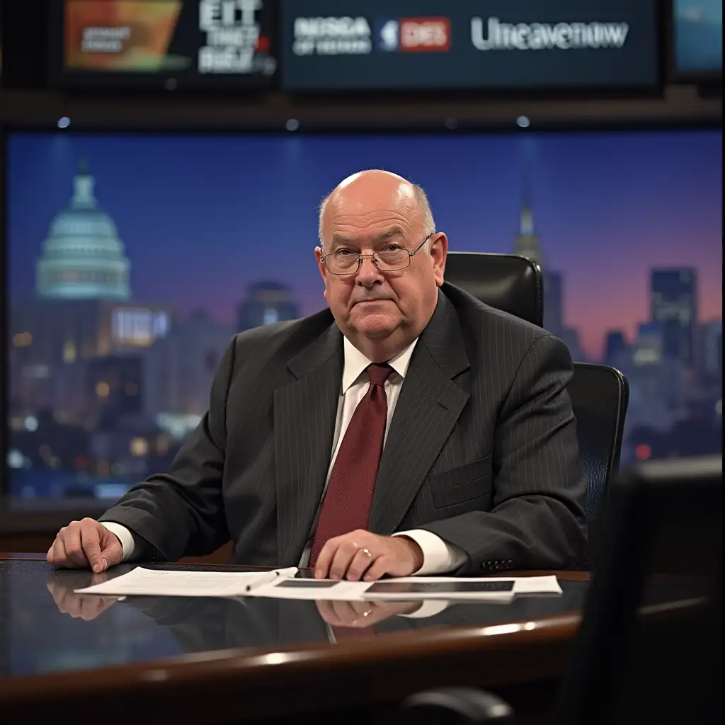 Angry-Bald-Old-Man-Sitting-Behind-News-Anchor-Desk-in-Technicolor-Setting