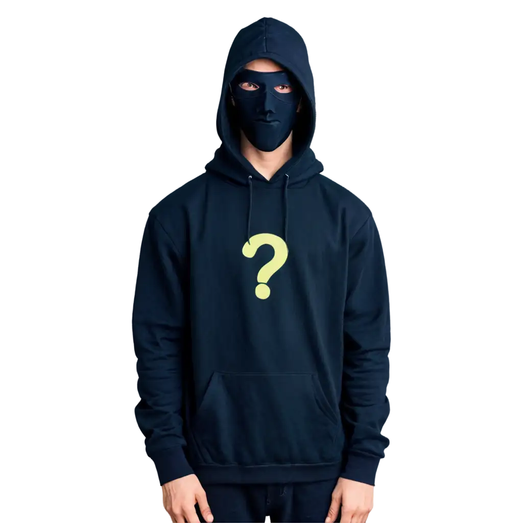 Pic of a cyber man. Black hoodie over his face and neon question mark on his face