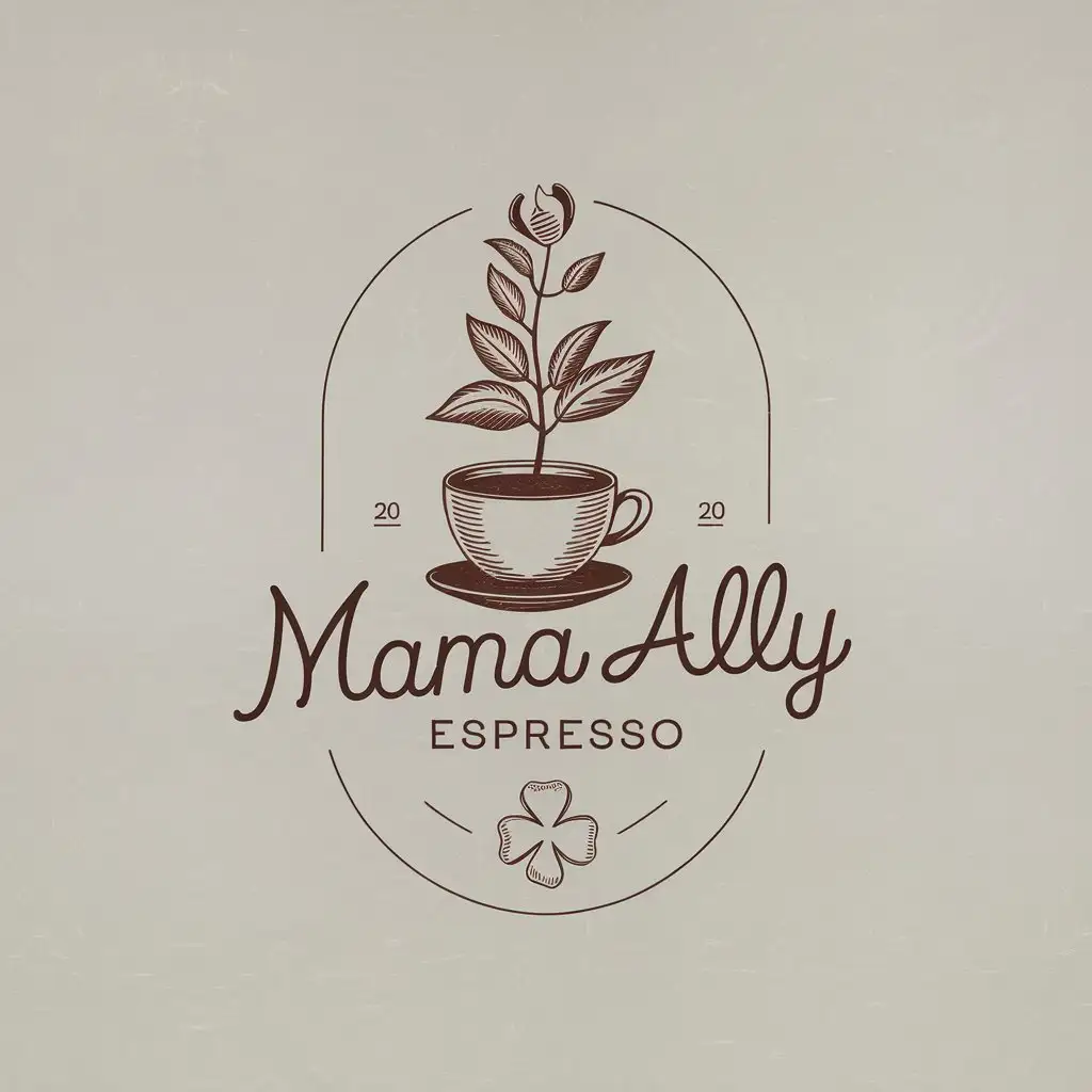 LOGO Design For Mama Ally Espresso Cozy Vintage Coffee Cup with Plant and Minimalist Cursive Text