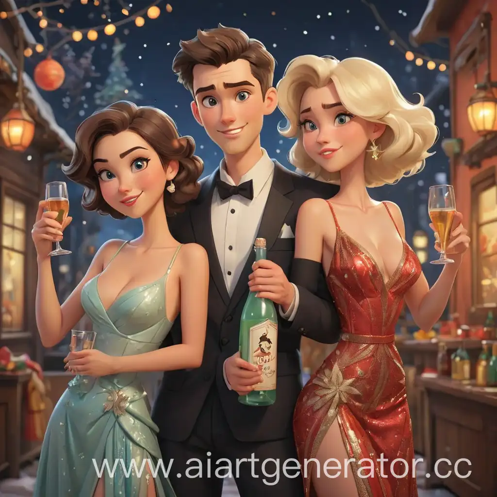 cartoon two beautiful women with deep neckline and one young man holding a bottle against a new year's celebration background in New Year costumes