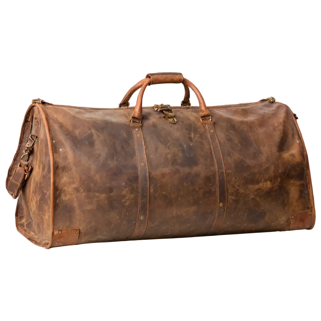 A large, vintage travel bag made of rough, weathered leather, with visible scratches, dirt stains, and creases. The bag should have thick, sturdy handles and worn-out metal buckles. The colors should be earthy brown with hints of dust and age. The bag should appear slightly overfilled, giving it a rugged, adventure-ready look. The background should be transparent, making it suitable for overlays.