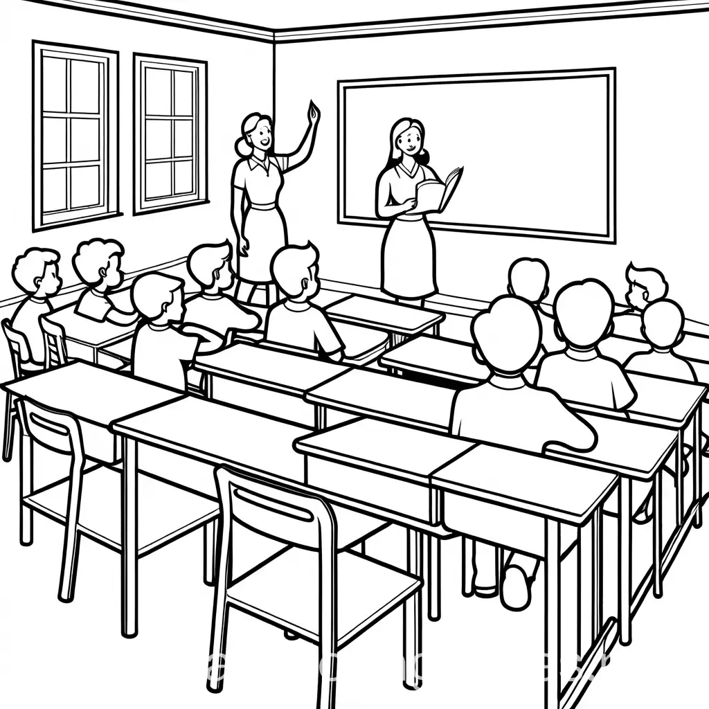 A simple black-and-white outline of a classroom scene. Children are sitting at their desks, raising hands to answer a question. A teacher stands at the front of the room, holding a book. There are a few posters on the walls, and desks are neatly arranged. The lines are clean and simple for a coloring page effect, Coloring Page, black and white, line art, white background, Simplicity, Ample White Space. The background of the coloring page is plain white to make it easy for young children to color within the lines. The outlines of all the subjects are easy to distinguish, making it simple for kids to color without too much difficulty