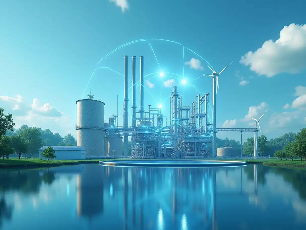 Hydrogen factory with energy storage concept. Green hydrogen production from renewable energy sources.