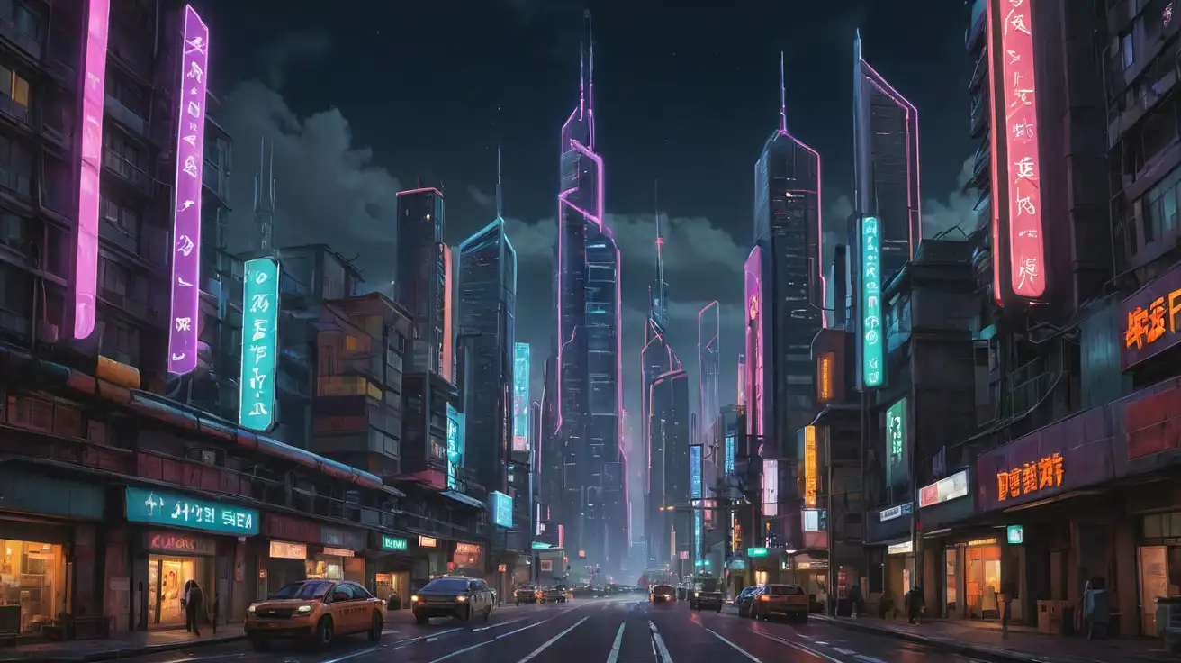 Futuristic-Cityscape-with-Glowing-Neon-Signs-and-Towering-Skyscrapers