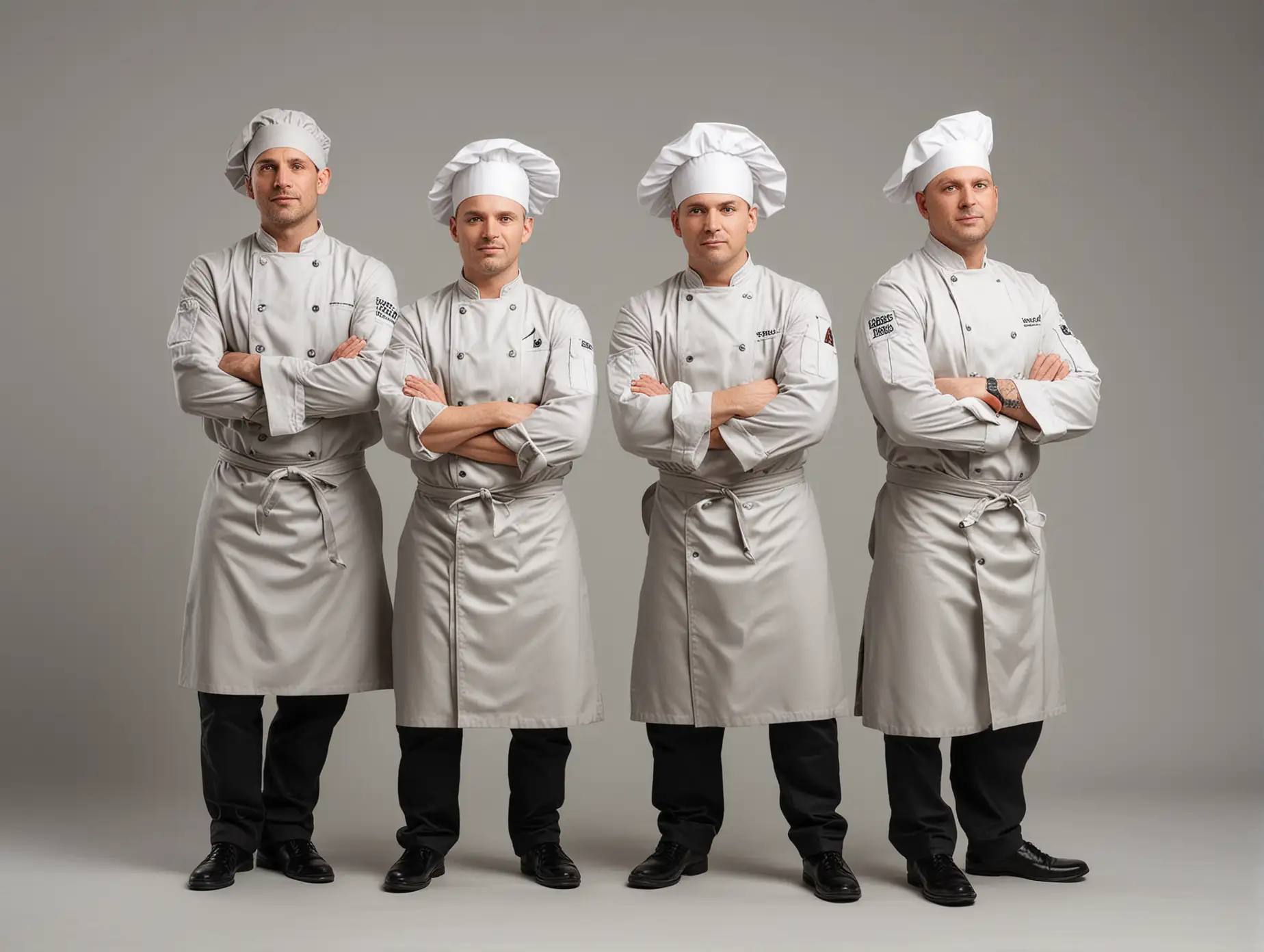 Individual chefs standing, working on a light gray background, 3/4 view