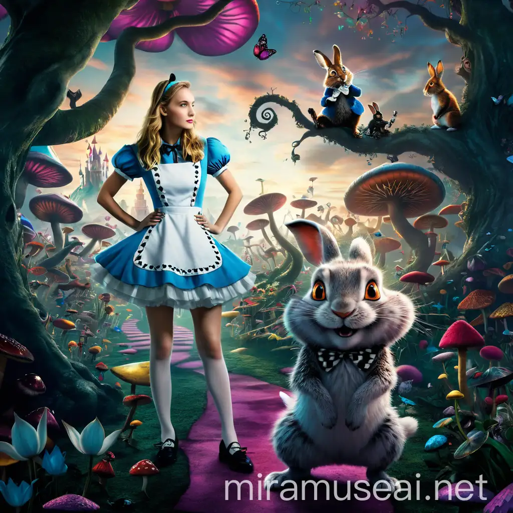 Vibrant and Whimsical Wonderland Scene Featuring Alice