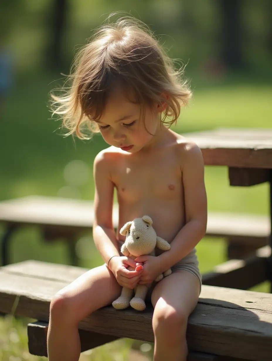 Skinny-Little-Girl-Sitting-on-Picnic-Table-with-Stuffed-Animal-on-a-Sunny-Day