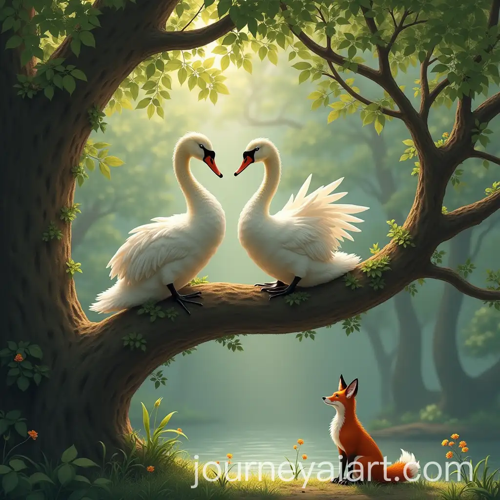 Two-Swans-Perched-on-Banyan-Tree-Branch-with-Fox-Gazing-from-Below