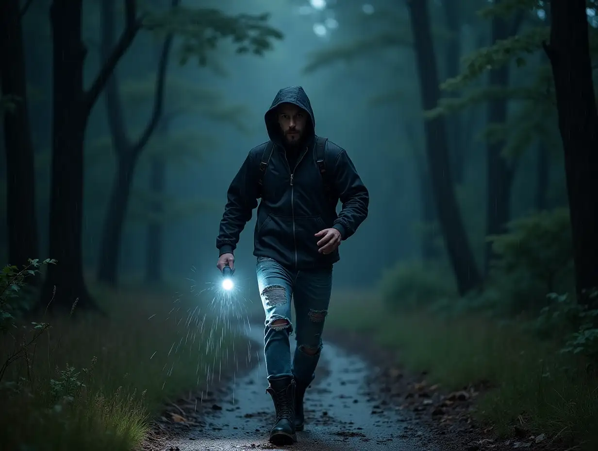 a man wearing a hooded jacket, wearing ripped jeans and wearing boots, carrying a flashlight running in a forest at night, with heavy rain soaking his body.