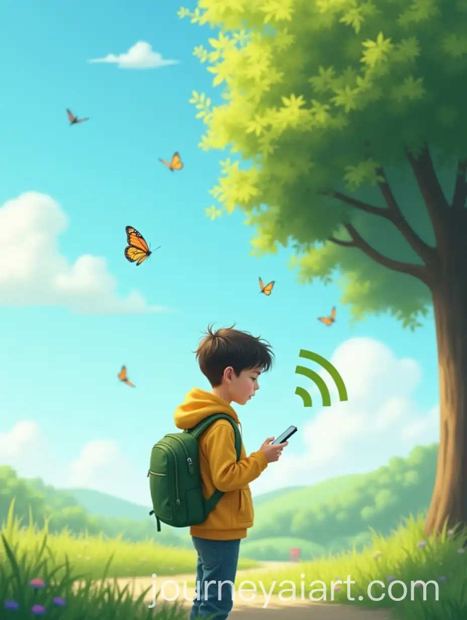 Young-Boy-in-Yellow-Hoodie-Using-Smartphone-in-a-Peaceful-Park-with-NatureAI-Image-Expansion-SEO-and-Technology