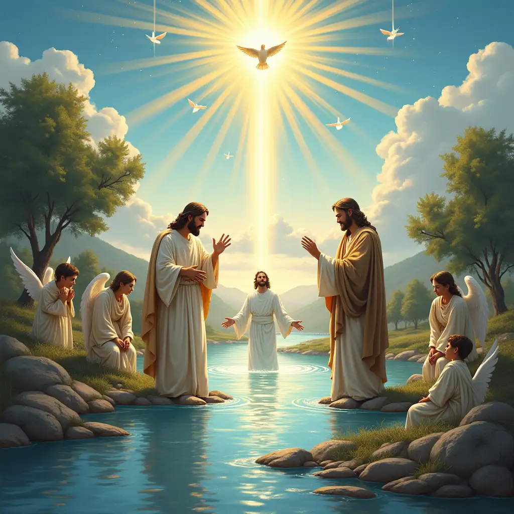 Create a festive iconographic image dedicated to the Epiphany. In the center of the composition, depict Jesus Christ standing in the River Jordan, surrounded by a radiant light. Next to Him, have John the Baptist performing the baptism ritual and angels reverently bowing before this divine event. In the background, add natural elements: calm waters of the river, trees, and the sky illuminated by the soft rays of the sun. At the top of the picture, you can place symbolic elements such as the dove of the Holy Spirit and rays of light emanating from above. The color palette should be harmonious and festive, predominantly featuring white, blue, and gold tones to convey the purity and grandeur of this sacred event.