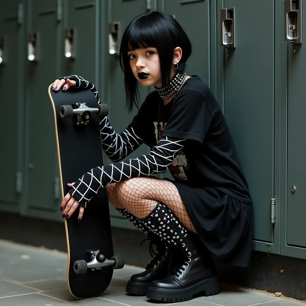 Gothic-Trans-Teen-with-Skateboard-by-School-Locker-Confronts-Bully