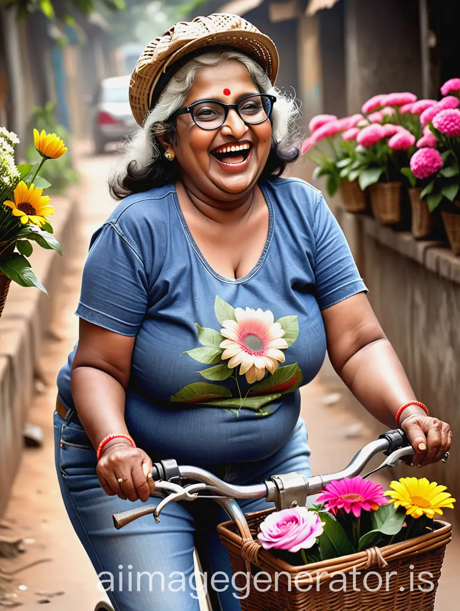 Mature-Woman-with-Flower-Basket-Laughing-on-Lady-Bicycle