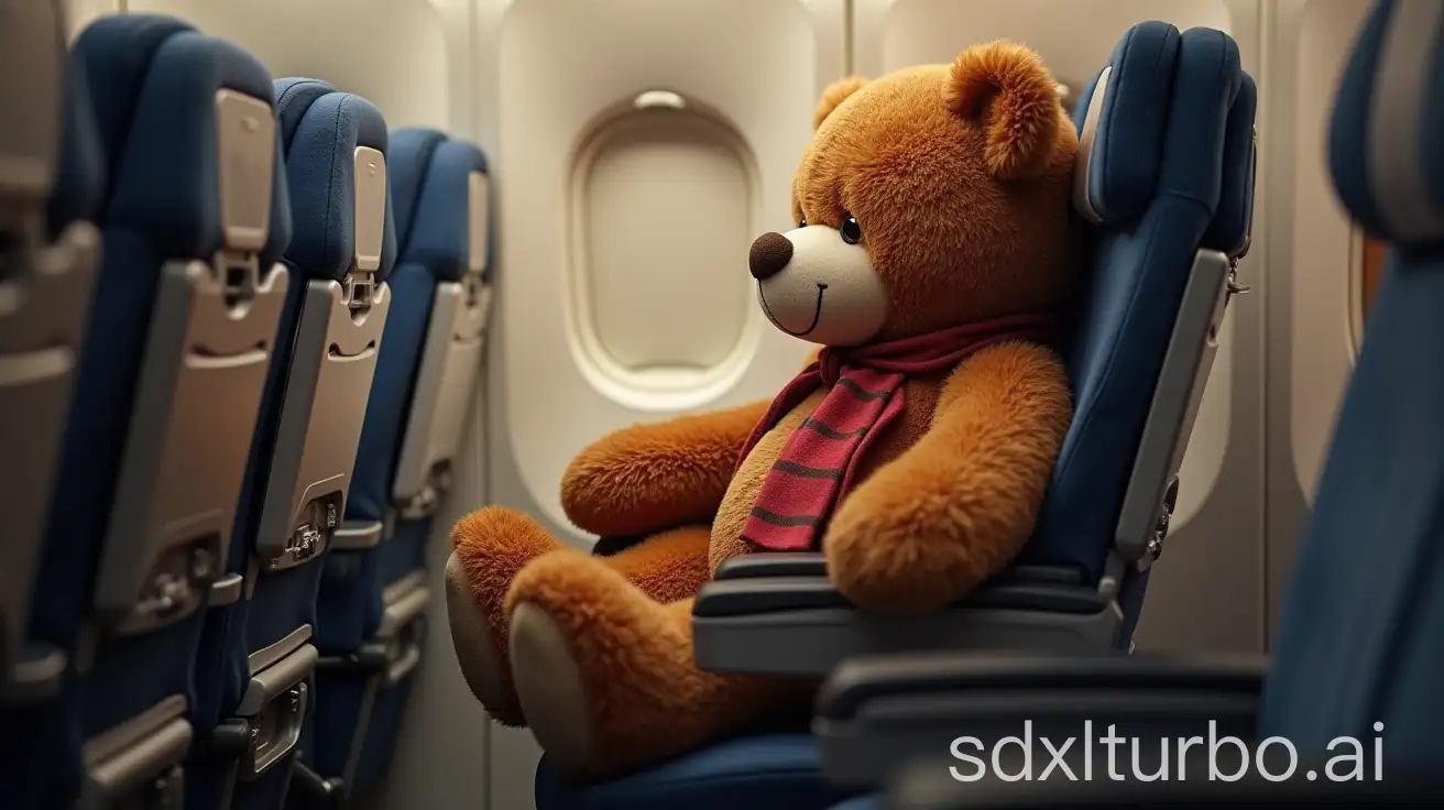 a big teddy bear which is bigger than a flight chair and it comfortably sitting on a flight chair