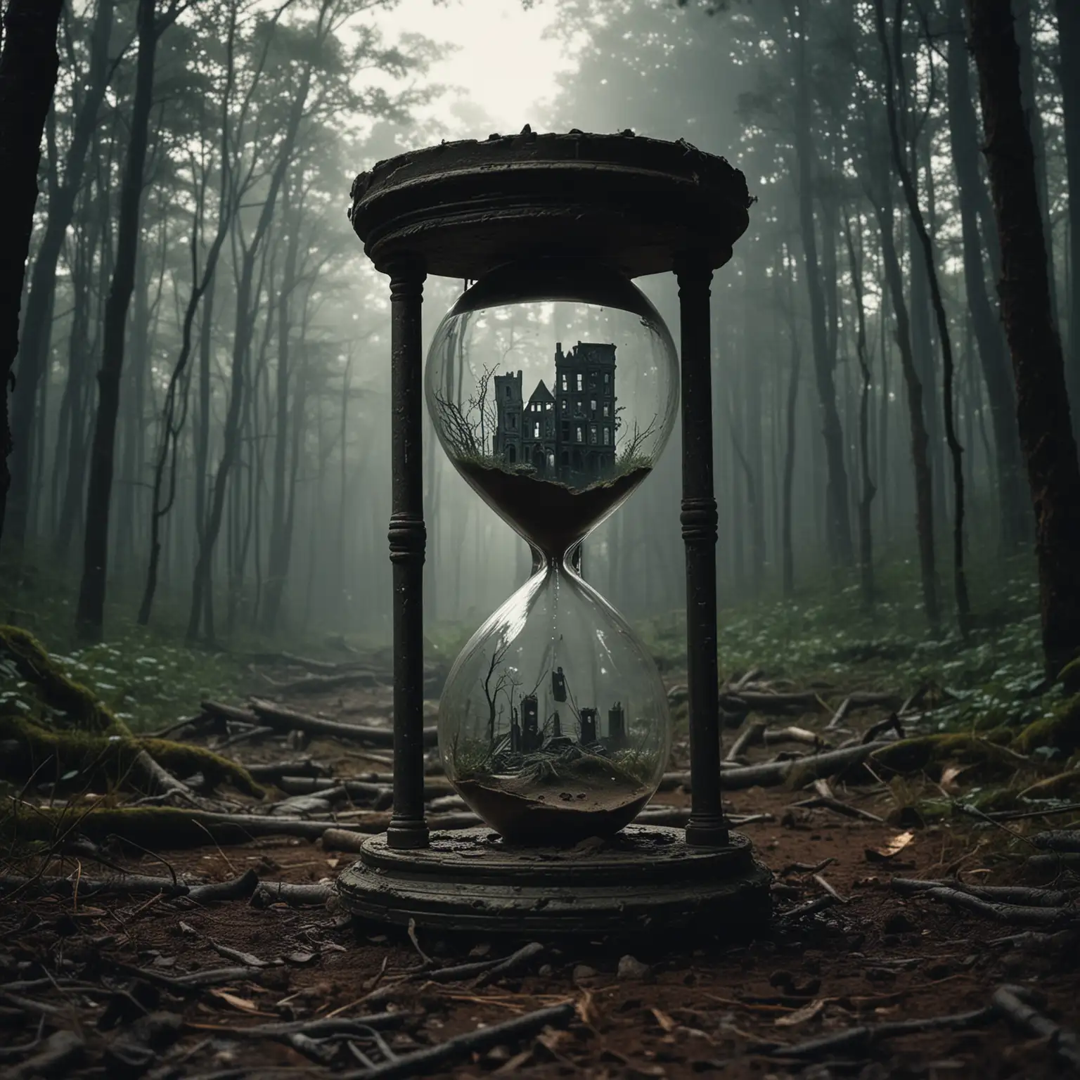 Hourglass Containing a Ruined City in a Dark Forest