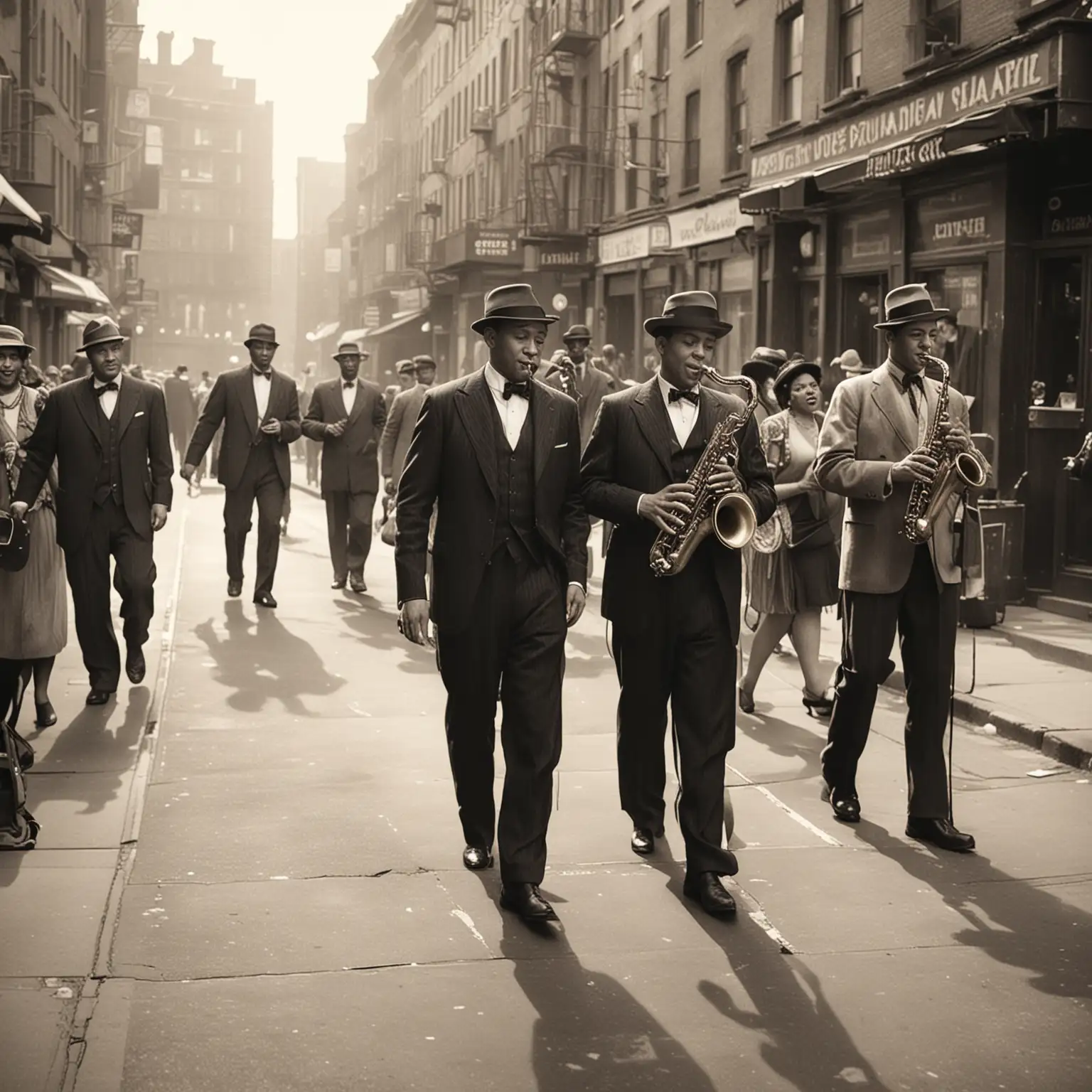 A jazz group in the 20s walking down a street, they are playing music and there are people around them, on the sidewalk there are people watching them pass by