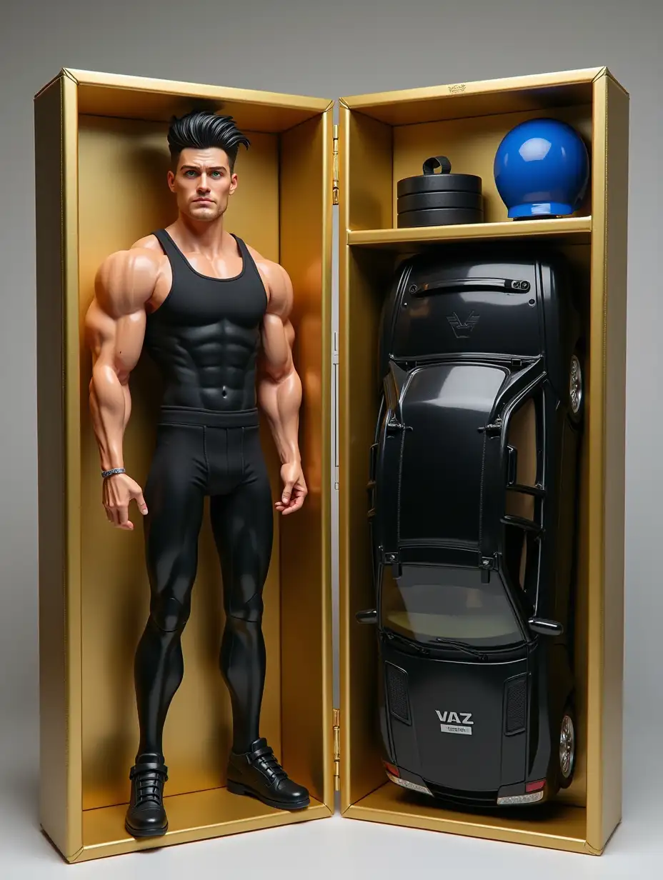 Create an action figure according to my photo. The figure is full size and located in a golden box on the left side, place its accessories next to it on the right: black VAZ car, weights, blue helmet. Write David on the top part of the box and Great below. Figure of a muscular man, black hair styled up, black sportswear, green-brown eyes, plump lips