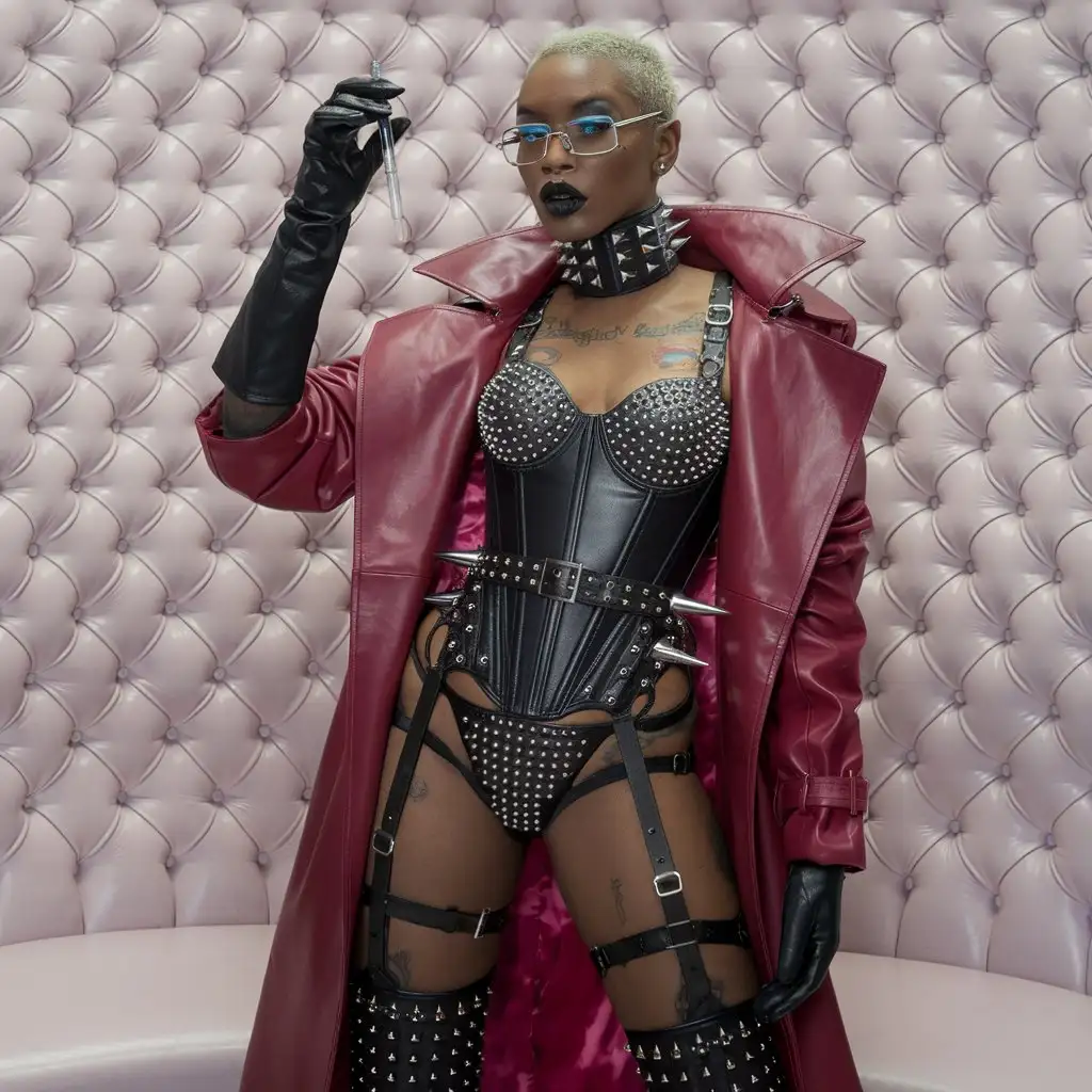 African-Goddess-in-Black-Studded-Leather-Corset-and-Red-Trench-Coat-Holding-Injection-Needle