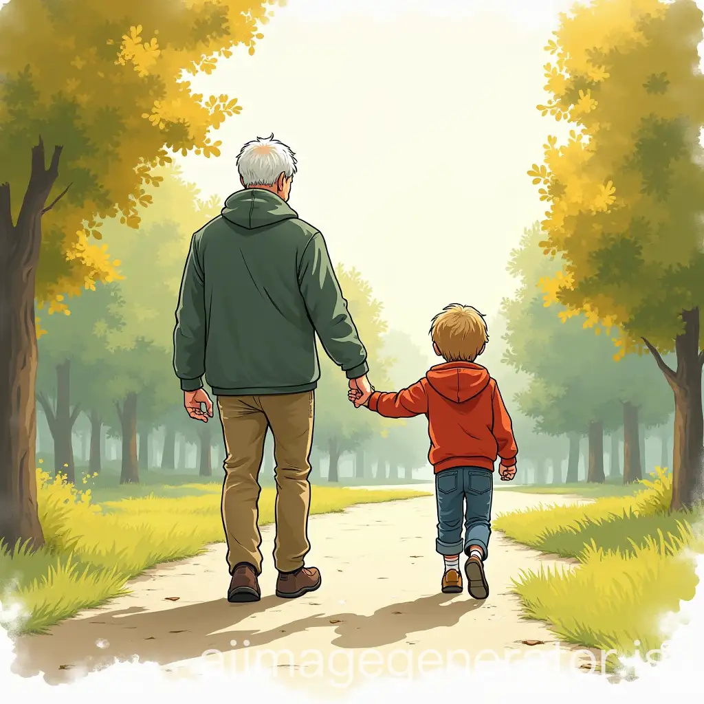 CAN YOU GENERATE A COMIC STYLE DRAWING IN THE FRENCH BELGIAN TRADITION WHERE ONE CAN SEE A GRANDFATHER AND HIS LITTLE GRANDSON WALKING ALONGSIDE EACH OTHER INTO A PARK