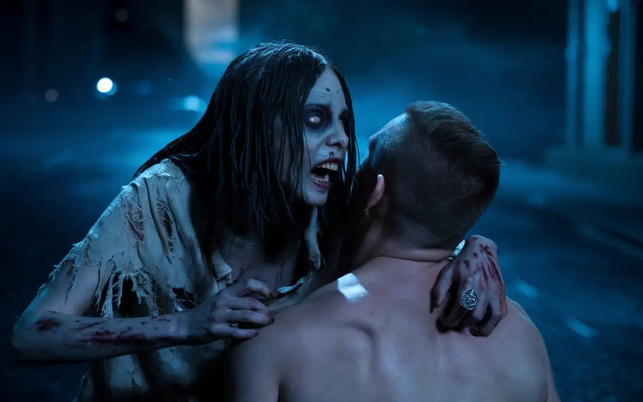 Zombie-Woman-Attacking-Shirtless-Man-on-Dark-Street-in-Horror-Scene