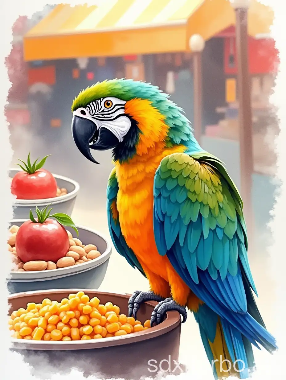 Macaw-in-Indian-Food-Market-Watercolor-Painting