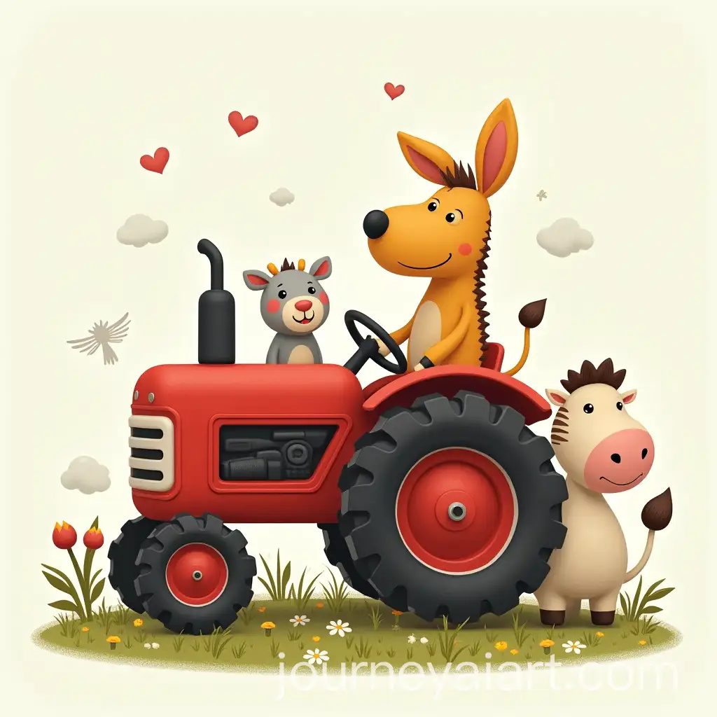 Whimsical-Farm-Animals-with-Red-Tractor-in-Playful-Style