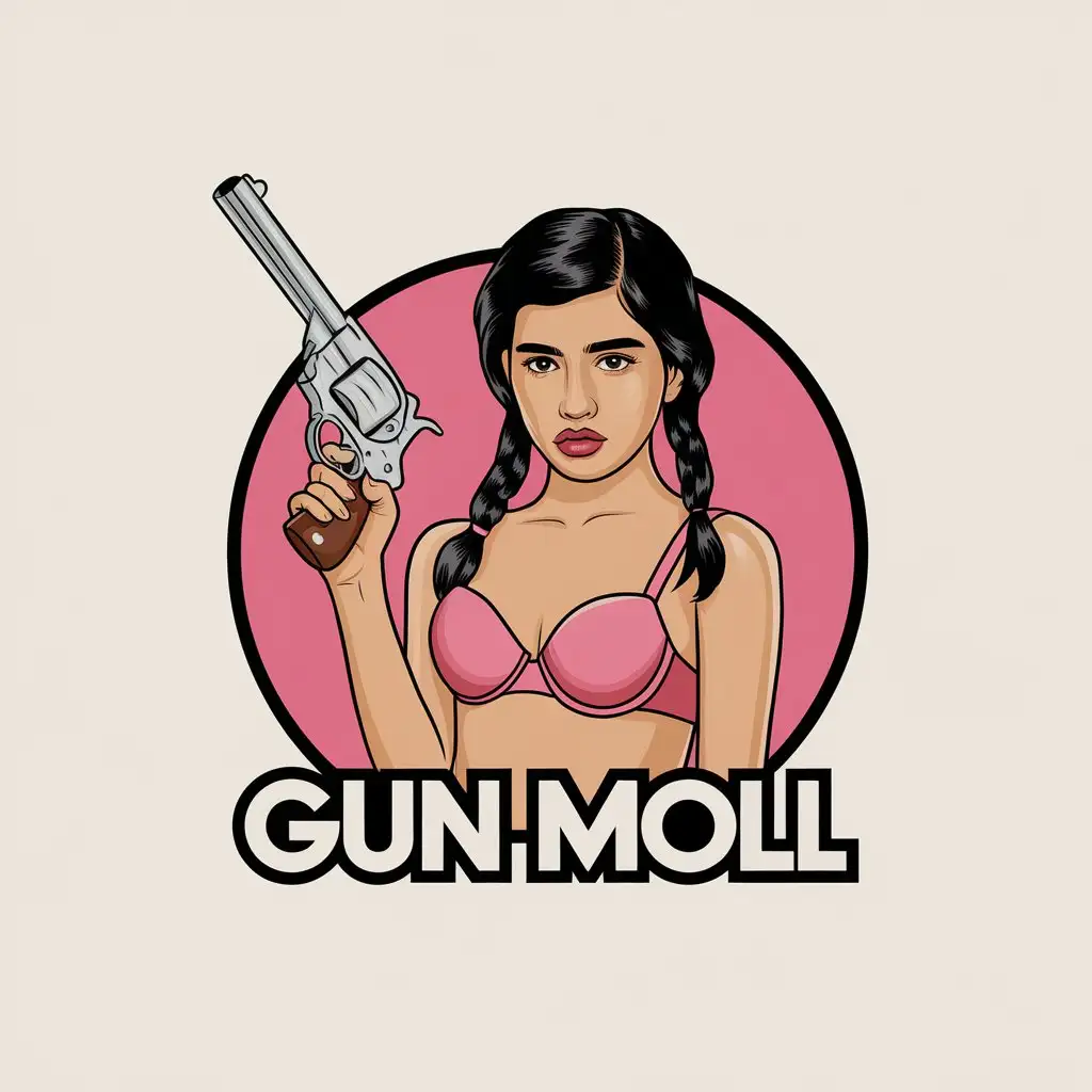 a vector logo design,with the text "Gun moll", main symbol:Realistic very much beautiful Arabic young girl two pigtails with very much large bra in pink bikini with big classic peacemaker revolver in her hand,Moderate,clear background