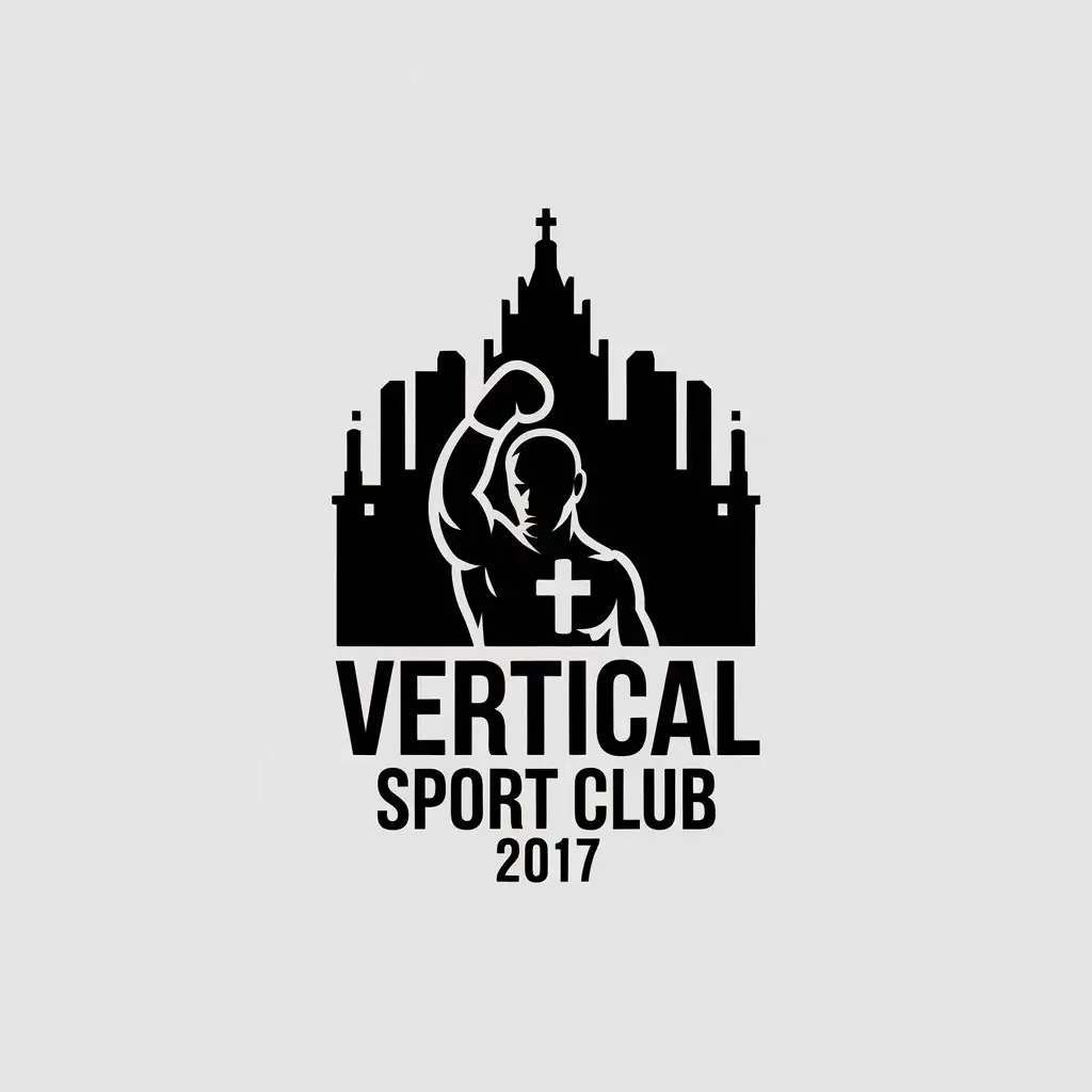 a vector logo design,with the text "VERTICAL sport club 2017", main symbol:Boxer with hand raised up, with a Christian cross on the neck, against a backdrop of Saint Petersburg,Minimalistic,be used in Sports Fitness industry,clear background