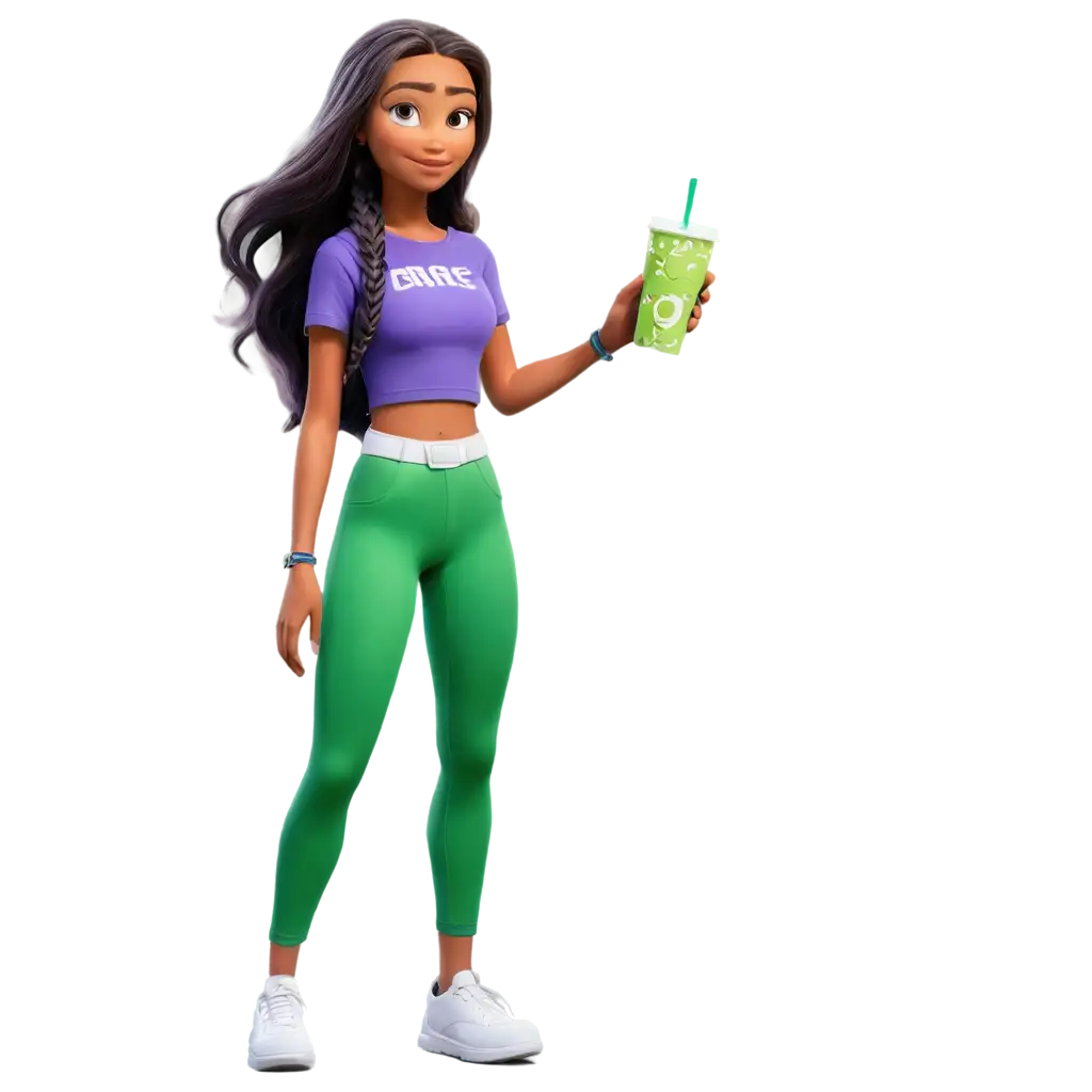 HD-Pixar-Character-PNG-Young-Lady-in-Crop-Top-Purple-TShirt-and-Green-Pants-Holding-Iced-Coffee