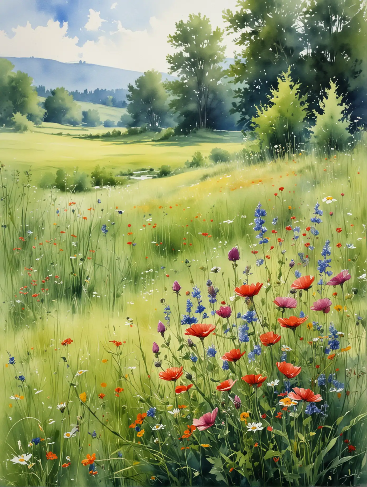 Watercolor Painting of a Serene Summer Meadow