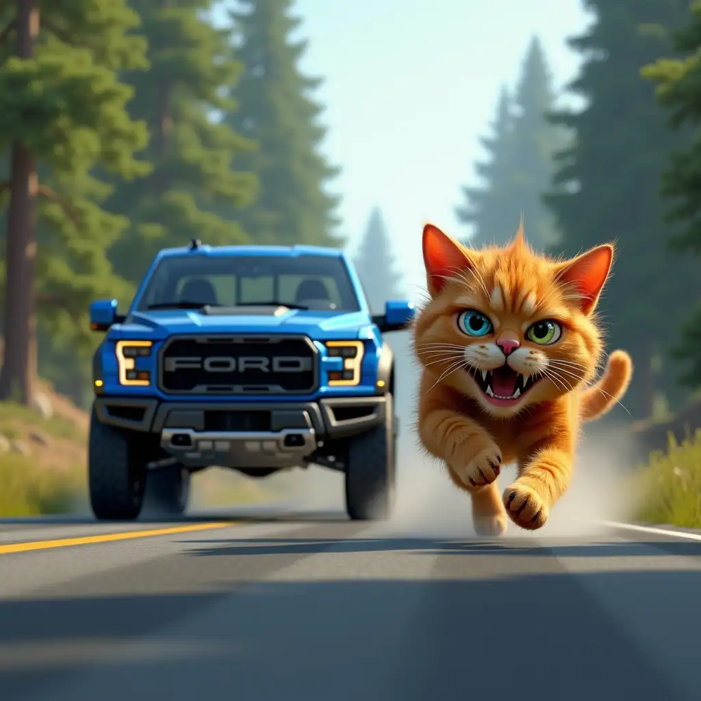 A big blue ford f-150 raptor is chasing a shaggy ginger cat, who is running away on the road in fear, one of the cat's eyes is blue and the other is yellow, with a scary forest spirit driving, computer graphics