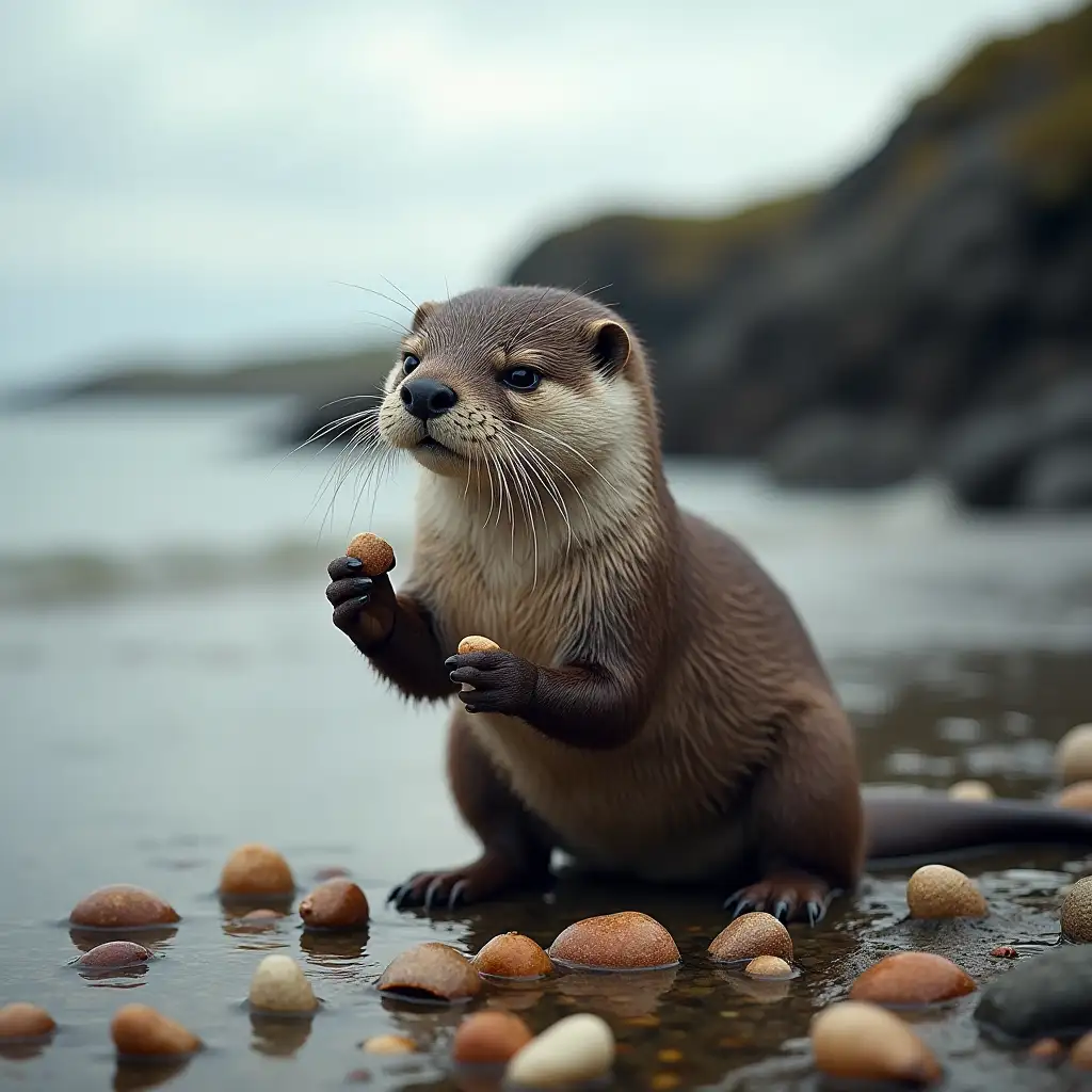 majestic Otter girl gathering sea shells on the rocky shore of Ireland.