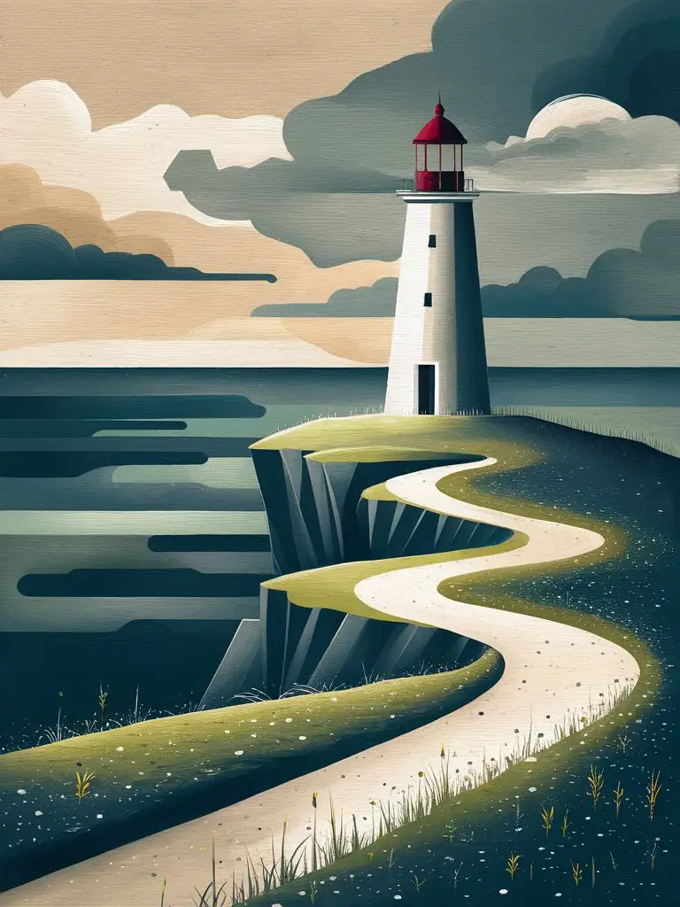 A quiet coastal cliff with a lone lighthouse standing against a soft horizon. The sea below is gently layered in flat shades of blue and green, with subtle wave curves. The lighthouse is tall and minimal—white with a muted red top—casting a faint glow. A narrow winding path leads up the hill, with small wildflowers and grasses rendered in flat colour blocks. The sky is soft beige or grey-blue, with warm light suggesting early morning or dusk. No people, no clutter—just the stillness of a guiding presence. Gouache-inspired style with matte textures, flat colour layering, and gentle contrast.