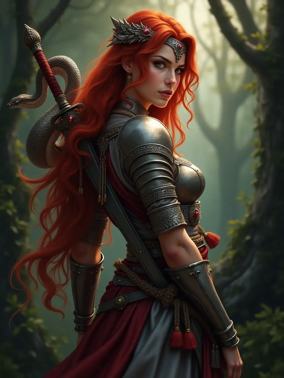 Fierce-Warrior-Woman-with-Crimson-Hair-and-Enchanted-Forest-Backdrop