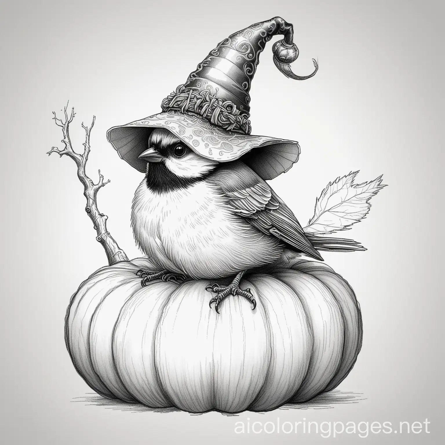 HalloweenThemed-Coloring-Page-Featuring-a-Chickadee-Witch-on-a-Pumpkin