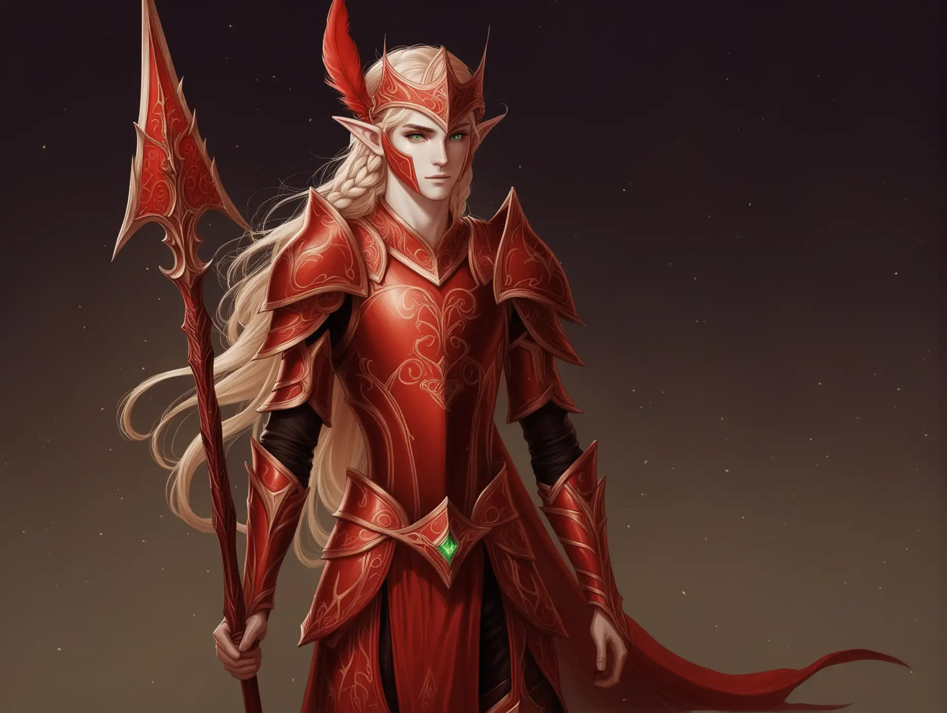 Blood-Elf-Warrior-in-Red-Armor-with-Feathers-and-Spear-World-of-Warcraft-Fantasy