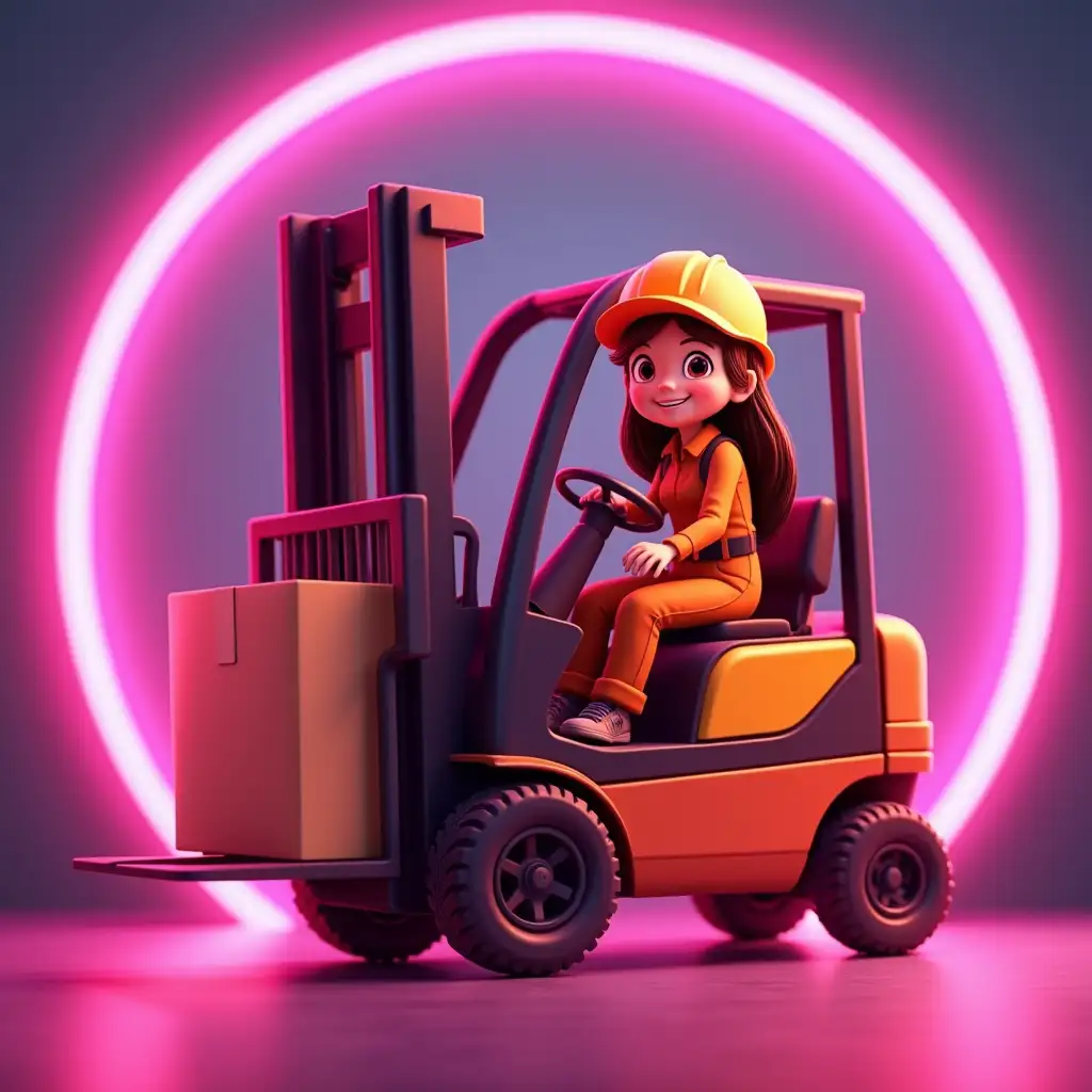 forklift carries a large box. A cartoon girl worker in a yellow helmet and orange coveralls sits at the wheel and looks at us with a wide smile. Long brown hair. Style - 2D animation Background - single tone, blurry purple-pink glow, gradient The entire image is placed in a pink neon round frame