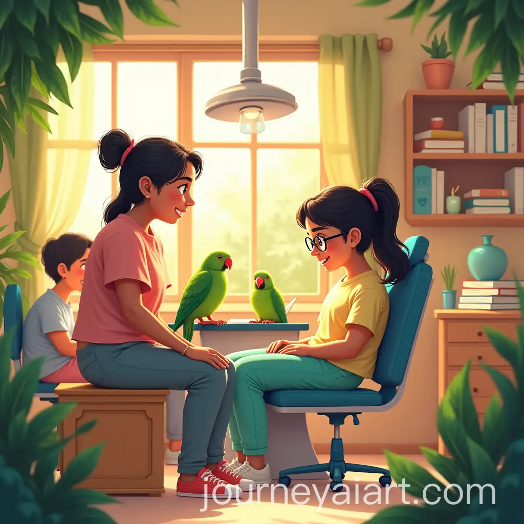 Teenage-Girl-Caring-for-Patient-in-Cozy-Dental-Clinic-with-Supportive-Family-and-Pets