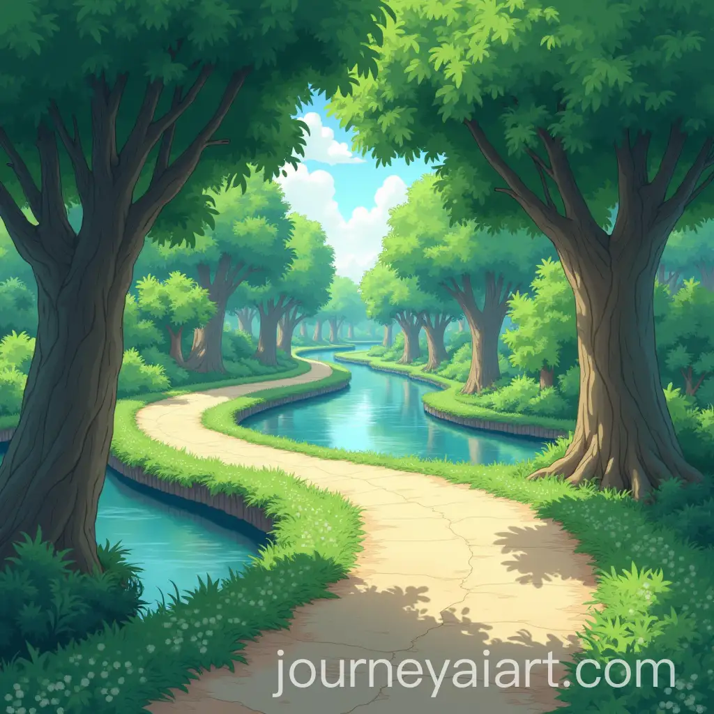 Serene-Riverside-Walkway-in-Studio-Ghibli-Style-with-Lush-Greenery-and-Soft-Sunlight
